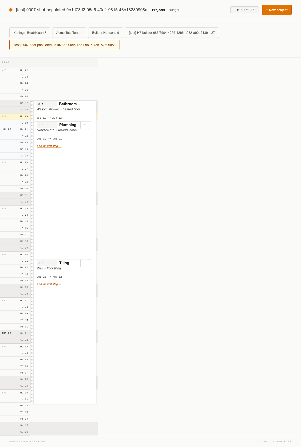 Projects timeline showing strict fixed-width project and phase cards with uniform headers and duration-driven heights.