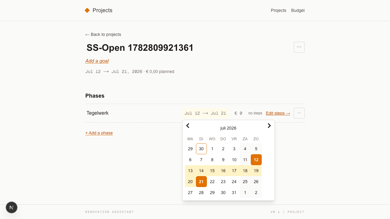 Phase date field with the two-month calendar popover open, range picker showing a selected start and hovered end.