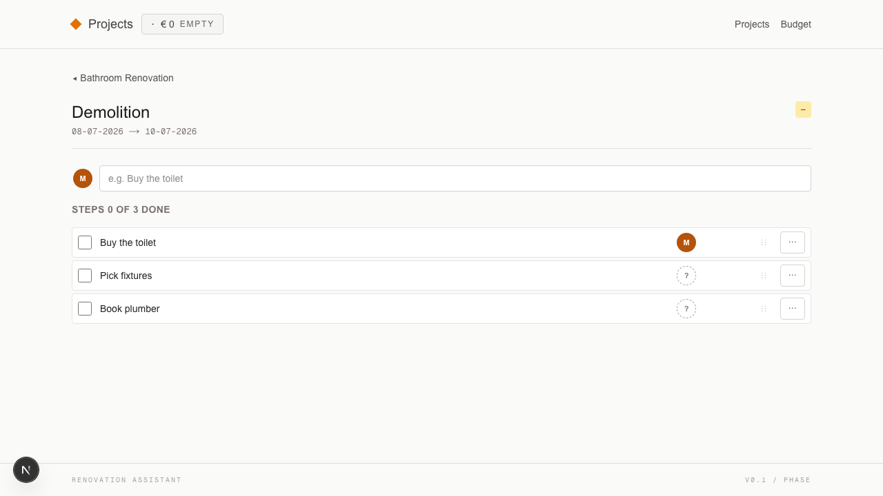 Phase detail page with the Steps section heading reading `Steps X of Y done` inline and the sticky add-step input directly below.