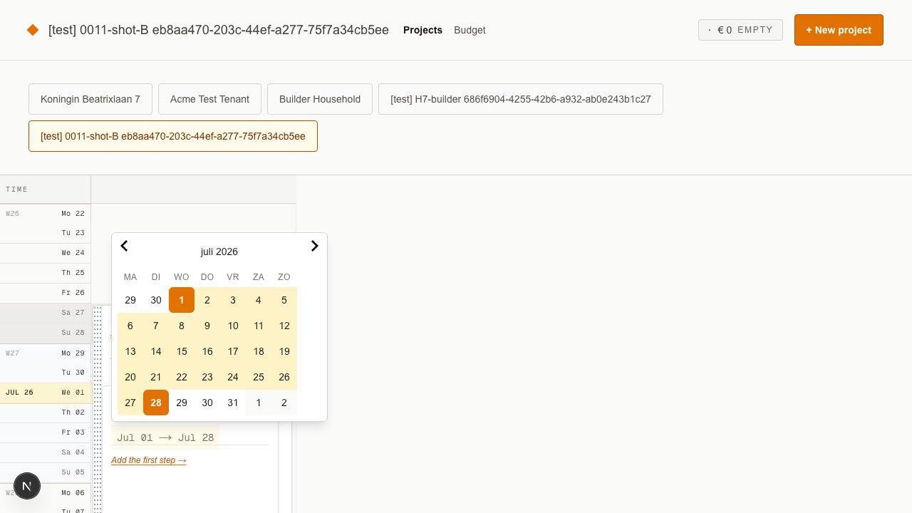 Projects timeline PhaseCard with the calendar popover open, anchored under the date row.