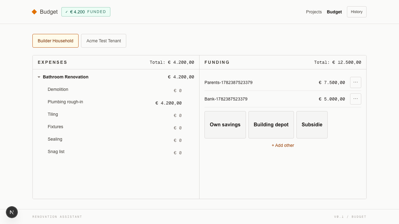 Budget screen with project expenses, funding sources, and a totals chip.