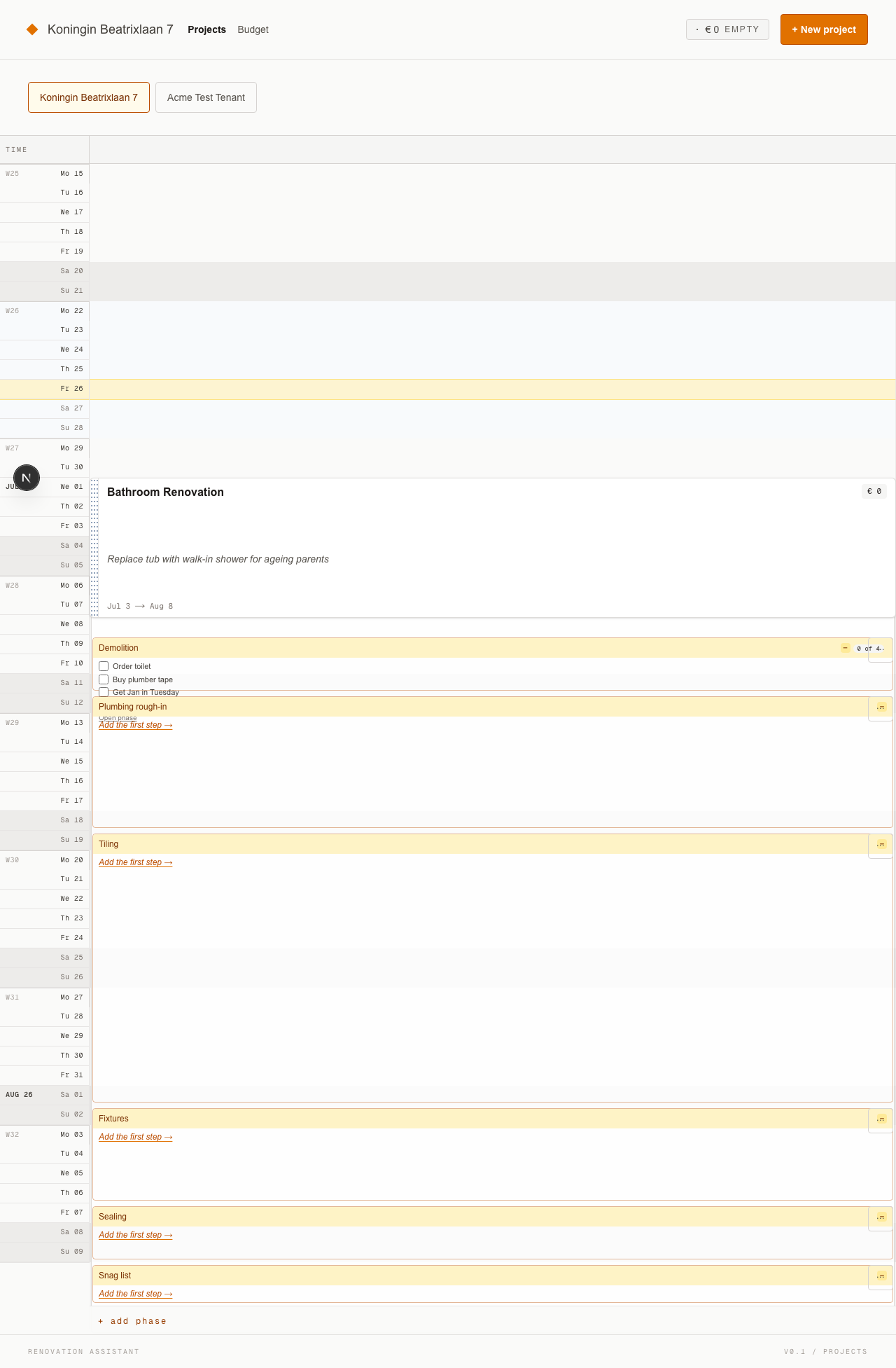 Projects view with a big readable project card, inline step checkboxes on each phase, and a drag handle on the left edge.