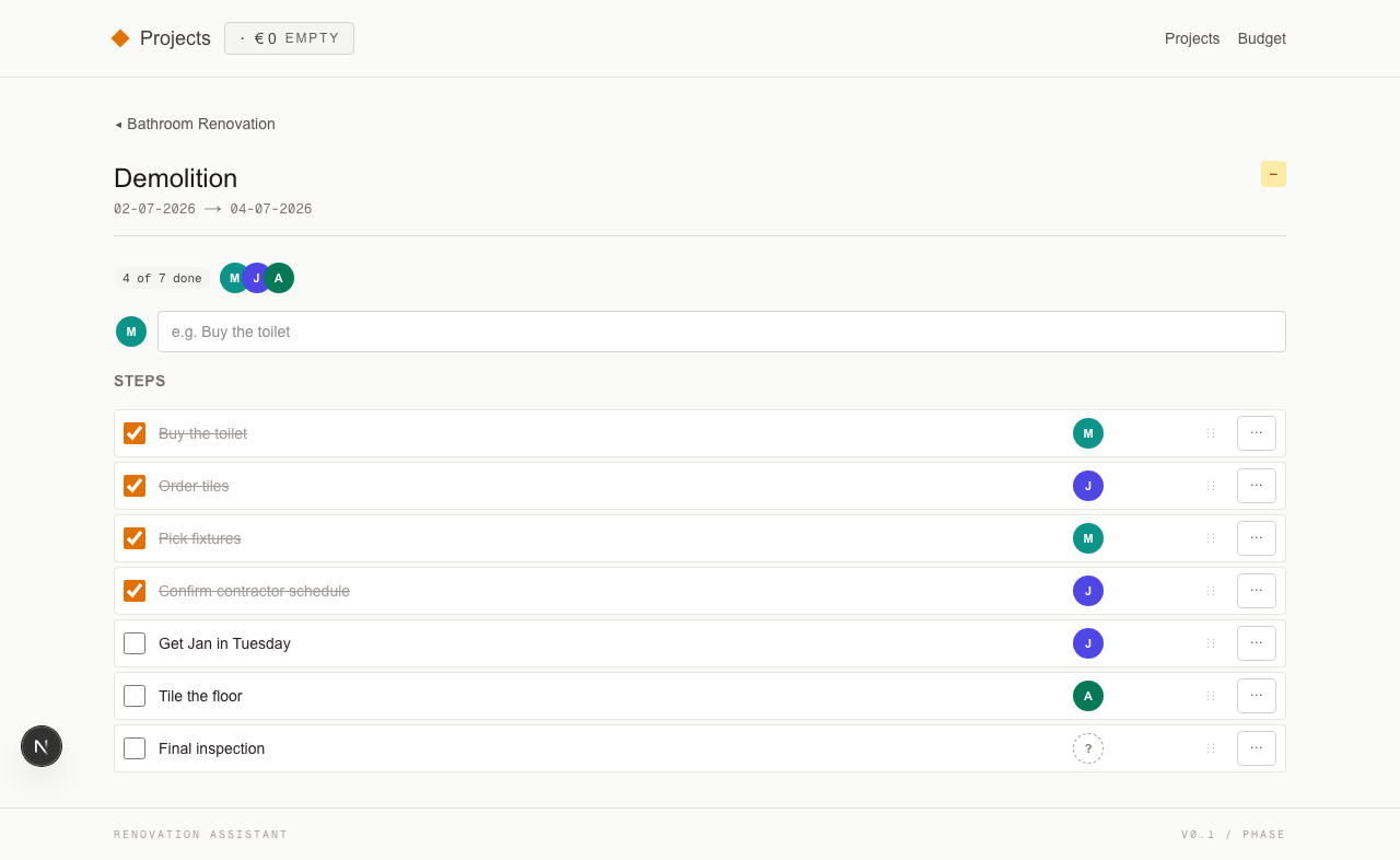 Phase view with a populated steps list, owners assigned, and a done counter.